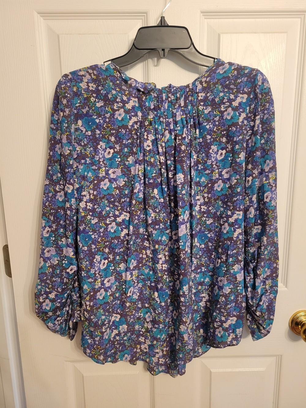 100% Silk Rebecca Taylor Blue & Purple Floral Pintuck Peasant Blouse